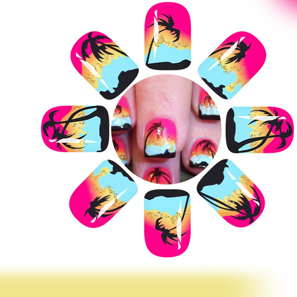24 Pieces Coconut Sunset Press On Nail Glossy Short Square Artificial Nail Stick On Nail For Parties And Daily Use