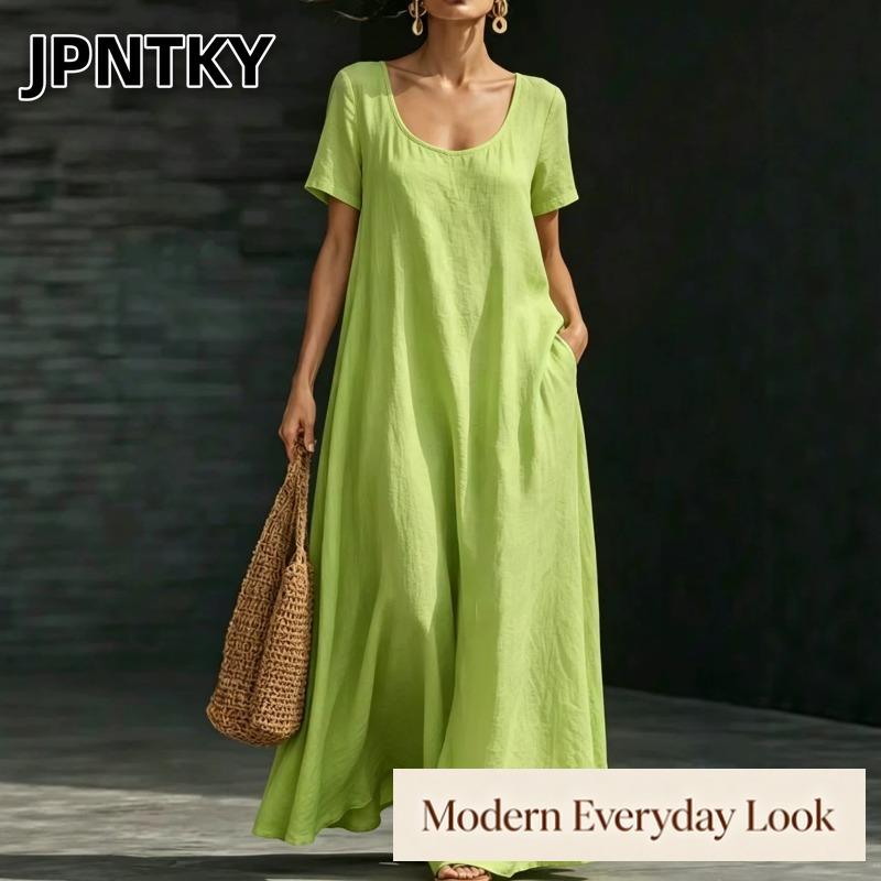 JPNTKY Women's Fashion Summer Spring Solid Color Print U-Neck Short Sleeve Casual Dresses