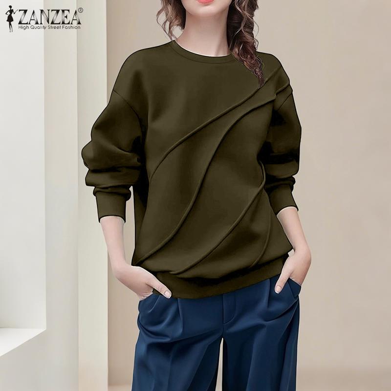 ZANZEA Women Casual Round Neck Loose Autumn Long Sleeve Blouse