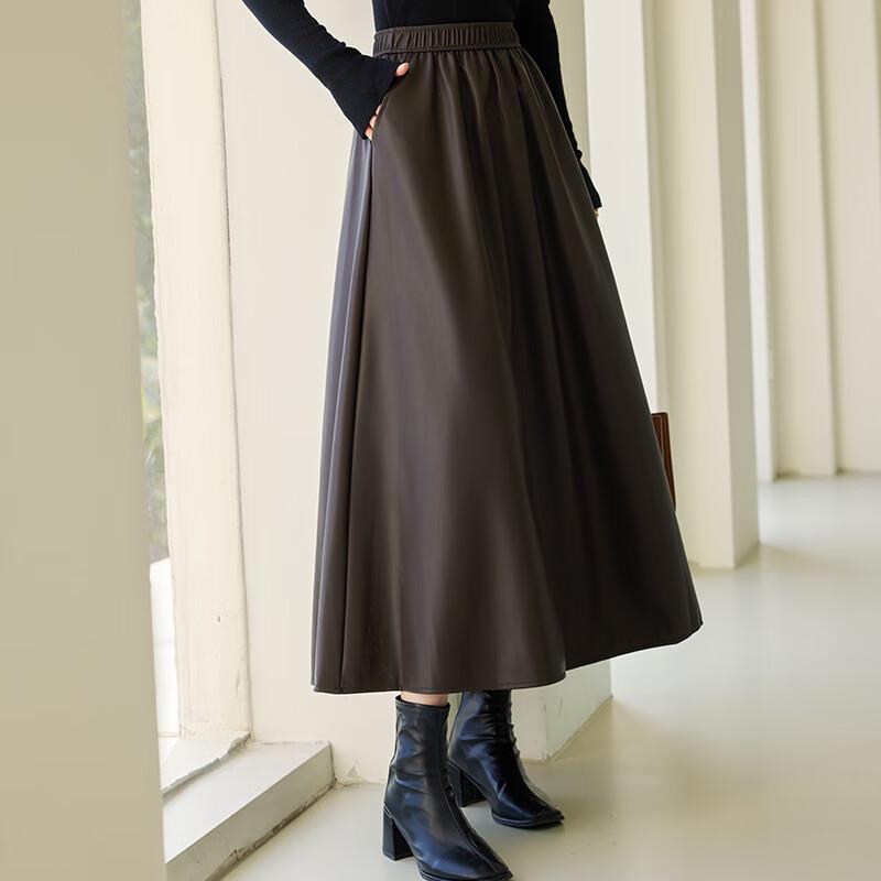 VICTORIA&VERA Retro A-Line PU Leather Midi Skirt