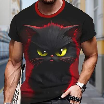 New Summer Men's Fashion T-shirt Black and Red Angry Cat Printed Men's T-shirt Top