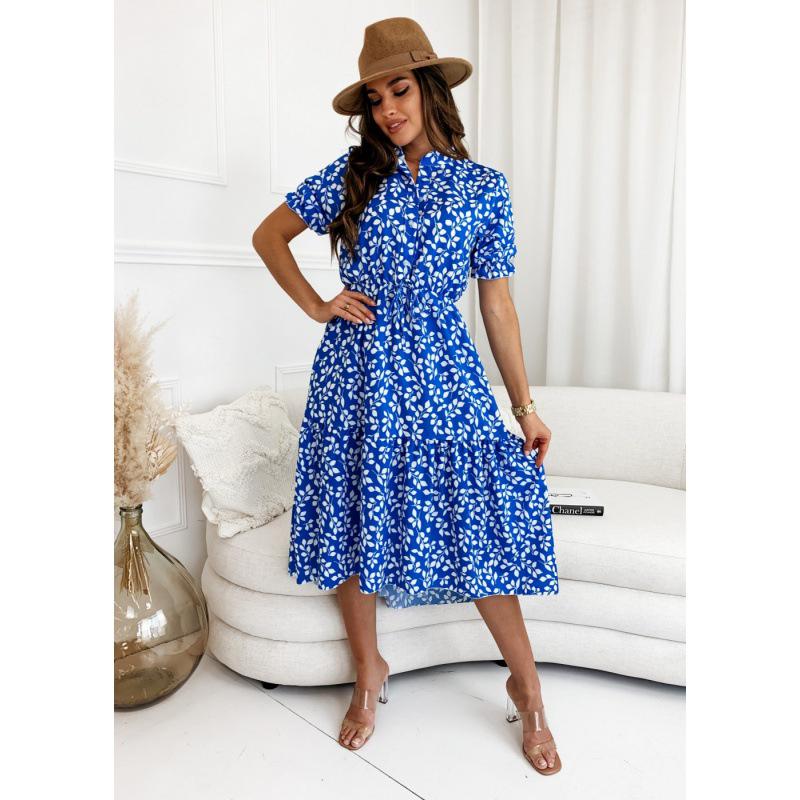 

European & American Style Women s Printed Cinched Waist Swing Dress XL синий