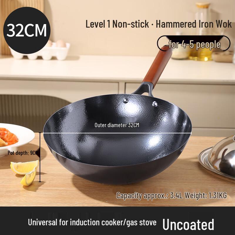 Traditional Hand-Forged 32cm Cast Iron Wok