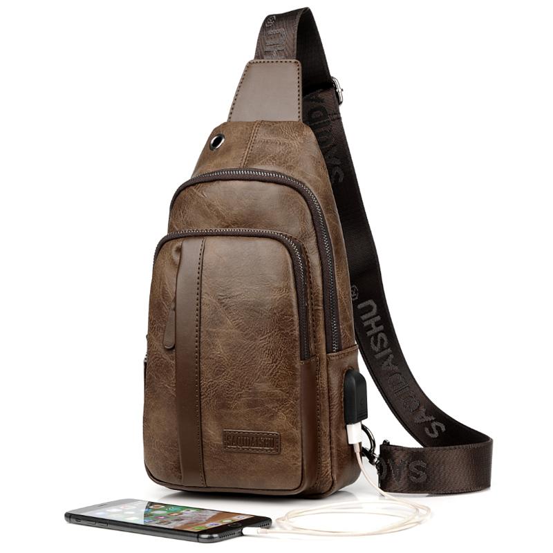 Men's Outdoor USB Chest Bag Crossbody Bag Retro PU Shoulder Bag