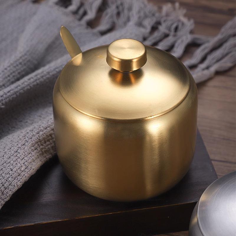 Gold Korean Style 304 Stainless Steel Seasoning Jar with Spoon - Perfect for Chili Sauce, Soy Sauce, or Salt.