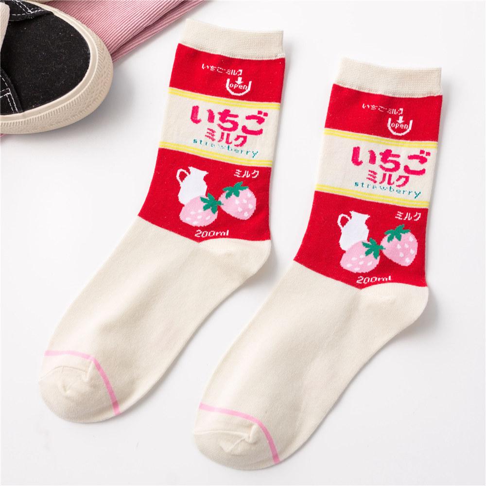 INS Girls' Japanese Cartoon Fruit Coffee Tomato Strawberry Milk Cold Beer Crew Harajuku Hipster Skateboard Mid Tube Socks