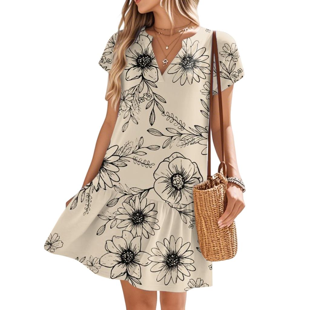 Women's Dresses Short Sleeve V-Neck Floral Printed Loose Casual Temperament Beach Dresses