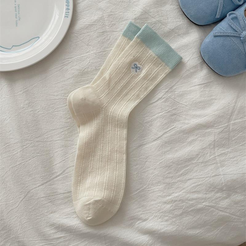 Women's Thin Cotton Love Bow Embroidery Color Collision Mesh Breathable Tube Stack Socks