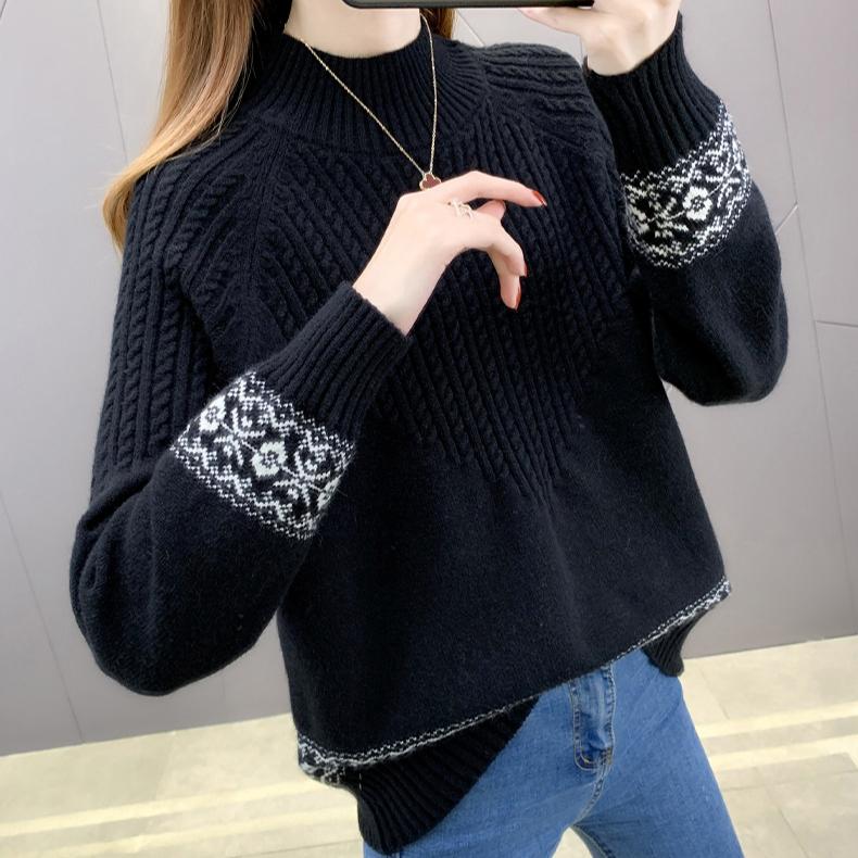 Autumn Winter Women's Half Turtleneck Sweater Loose Thick Pullover Knitted Top Jacquard Elastic Knitted Top Jumper.