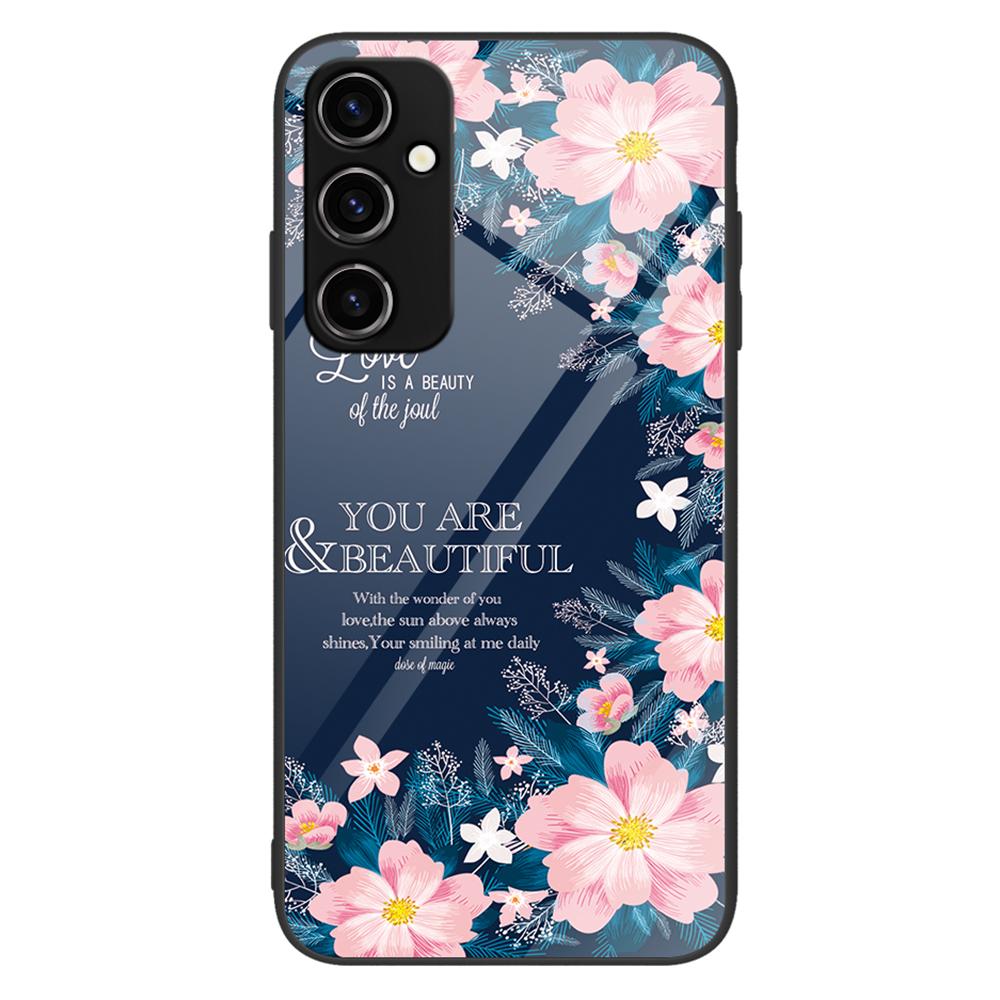 

For Samsung Galaxy A34 5G Pattern Printing Phone Case Tempered Glass+PC+TPU Protective Phone Cover Pink Flowers