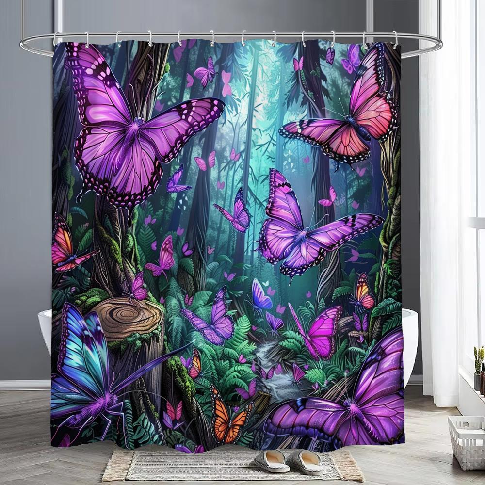 Fairy Tale Forest Beautiful Purple Butterfly Shower Curtain Bathroom Decor Shower Curtain Waterproof Shower Curtain With Hook