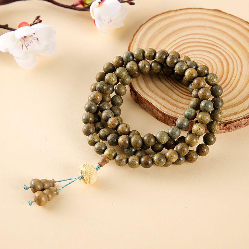 108-Bead Green Sandalwood & Boxwood Lotus Buddhist Prayer Bracelet/Necklace Set for Men/Women