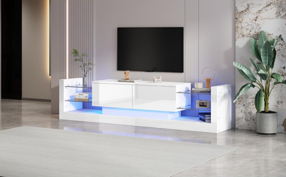 High-Gloss TV Cabinet with LED Lighting, 181 Cm – For TVs Up To 80 Inches, Glass Front, Two Folding Drawers