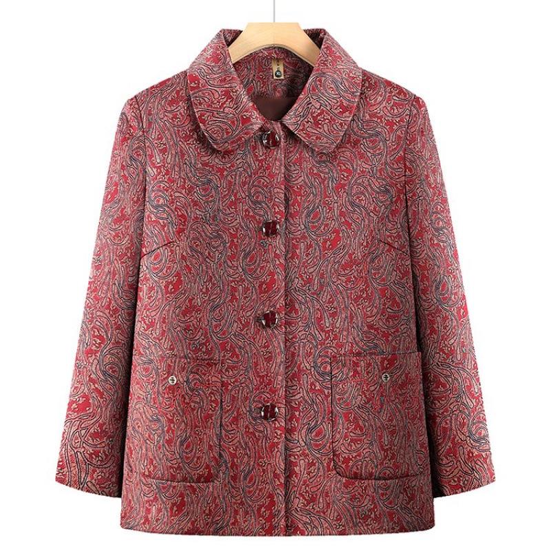 Damski Płaszcz Wiosenny z Kołnierzem i Nadrukiem - Wyszczuplający, Luźny Fason Plus Size, Stylowy Top dla Starszych Kobiet i Babci.