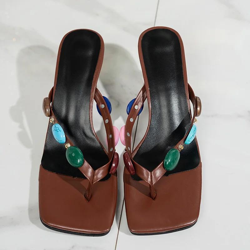 Fashion Luxury Designer Turquoise Stone Clip Toe Sandals for Women Summer 2025 Big Sqaure Toe Mules Shoes Woman High Kitten Heels Slides
