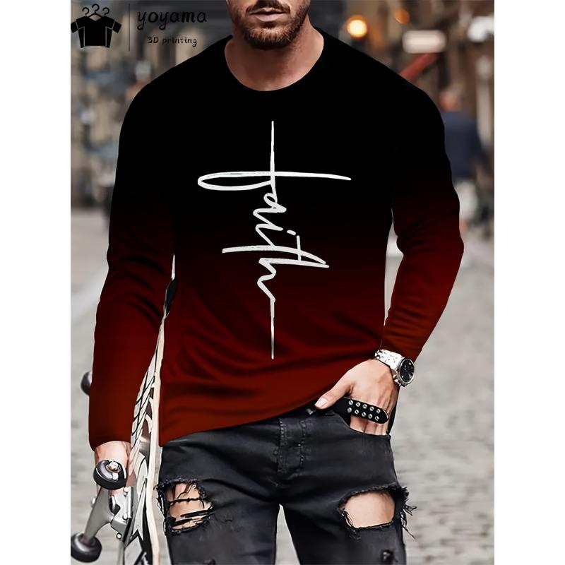 Einfacher Alphabet-Print Herrenbekleidung Rundhals Herren Langarm T-Shirts für Herren Harajuku T-Shirt Herren Farbverlauf Herrenbekleidung