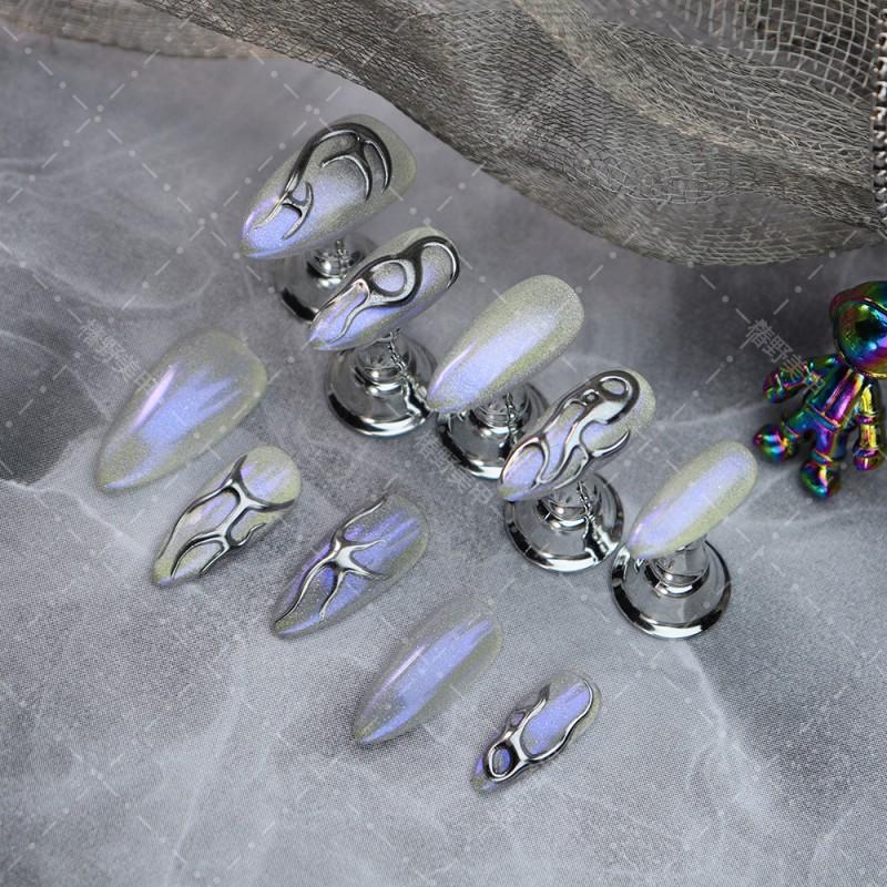 Handmade Press-On Nails Flame Design Almond Shape Liquid Metal Futuristic Dark Aesthetic