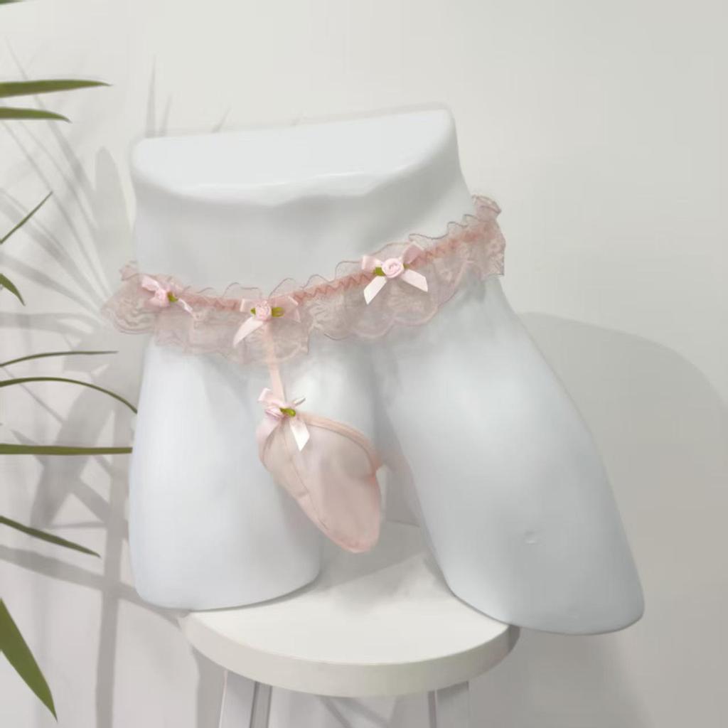 Men's Pink Lace Floral Thong - Flirtatious Transparent T-Back Underwear