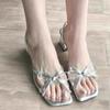 2025 new beautiful silver sandals thick heel bow square head back strap high heels summer temperament versatile sandals