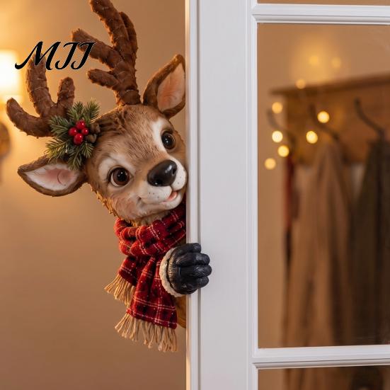 Peeking Christmas Window Decor Vintage Decor, 3D Carved Santa Reindeer Holiday Themed Party Ornament with Hidden Suction Cup, Glass Decoration