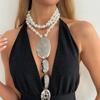 SHIXIN Boho Imitation Pearl Beaded Necklace Women Trendy Exaggeration Big Ellipse Metal Pendant Chain Choker Party Charm Jewelry