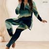 Women Plus Size Two Piece Pants Set Front Half Zip Long Sleeve Printed Longline Top Fitted Turquoise Pants