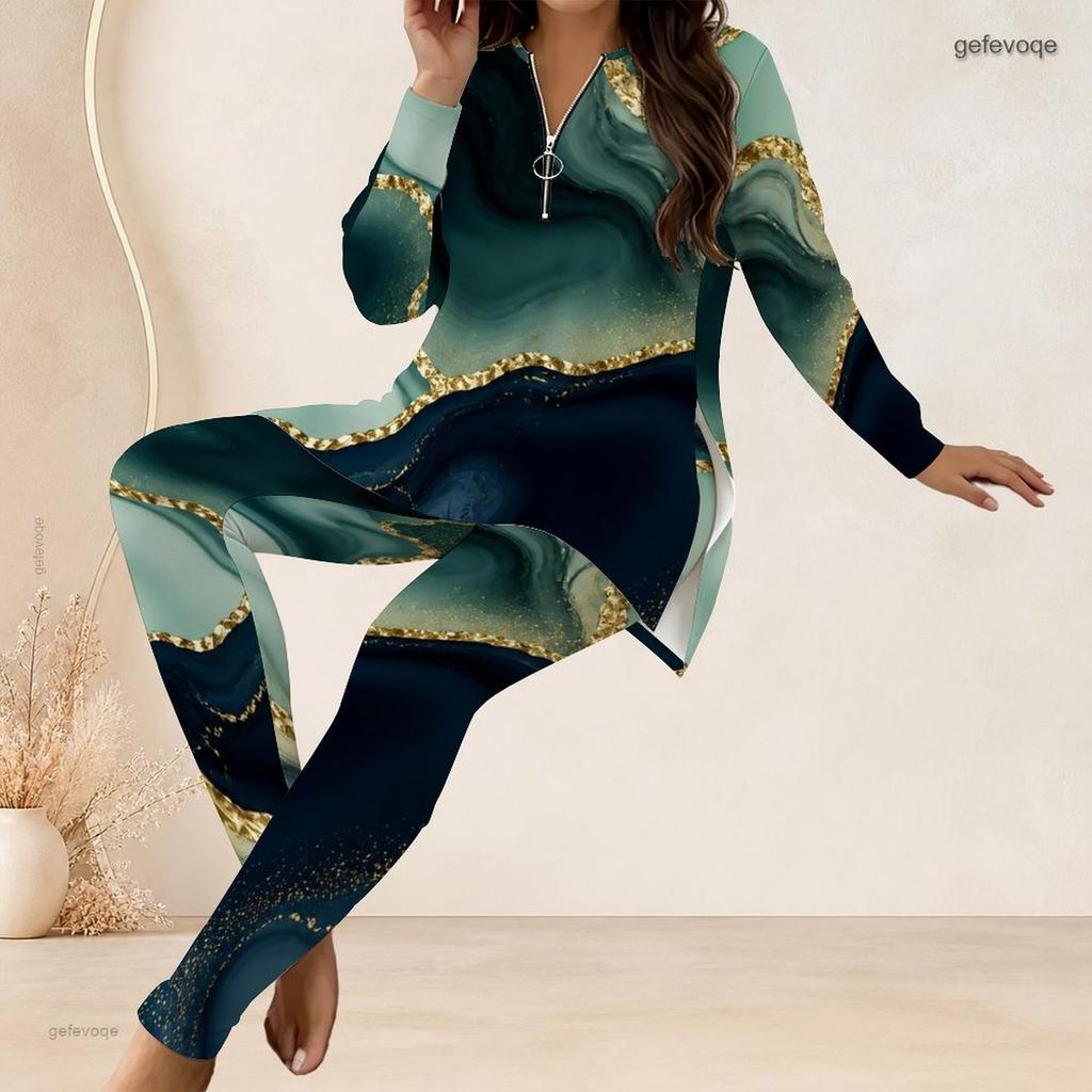Women Plus Size Two Piece Pants Set Front Half Zip Long Sleeve Printed Longline Top Fitted Turquoise Pants