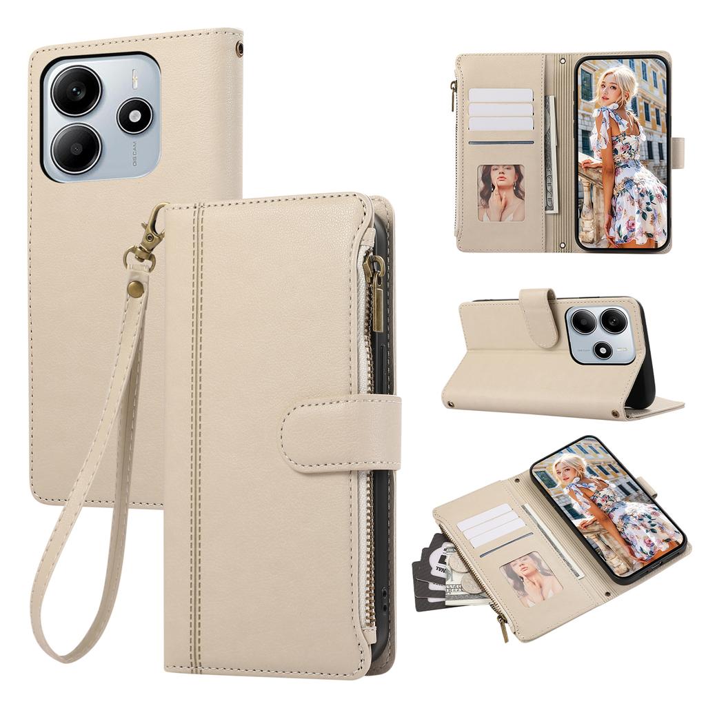 For Xiaomi Redmi Note 14 4G (163.25mm) Case Multi Card Slots Zipper Leather Phone Cover with Wrist Strap - Purple