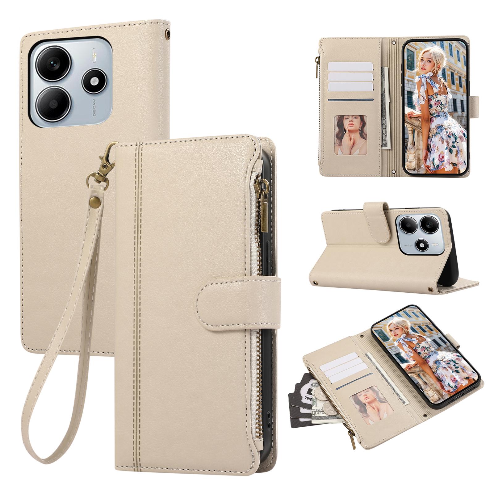 

For Xiaomi Redmi Note 14 4G (163.25mm) Case Multi Card Slots Zipper Leather Phone Cover with Wrist Strap - Purple Beige