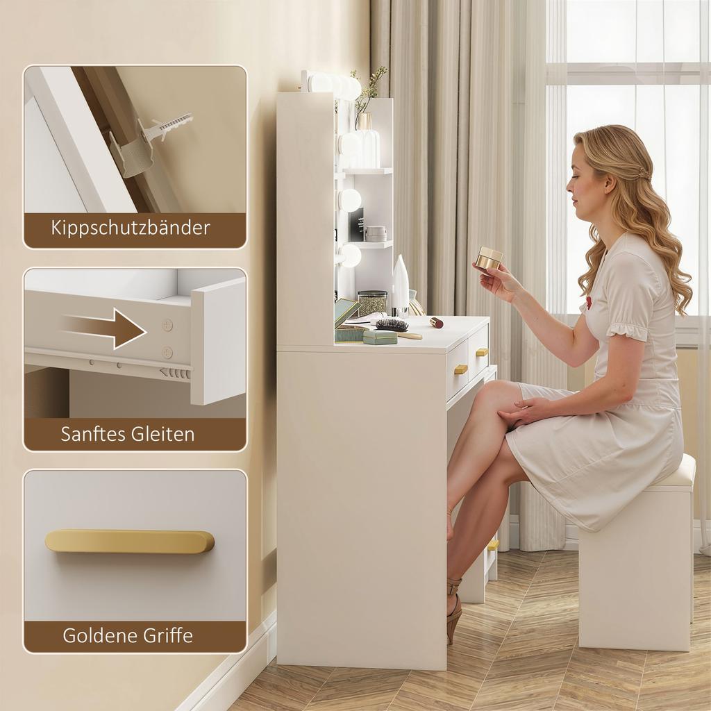 Vanity Table with Illuminated Mirror and Padded Stool, Vanity Set with 6 Drawers and Shelves, White