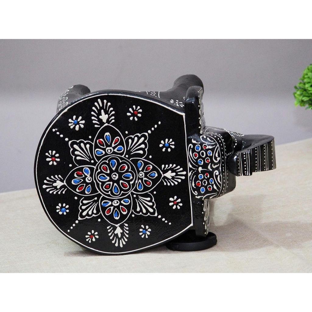 Handcrafted and Emboss Painted Colorful Wooden Elephant Shape Stool Table (8 Inches Height, Black)