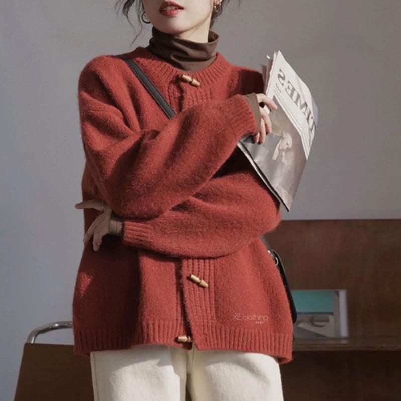 Round Neck Toggle Closure Casual Women's Knit Cardigan Sweater for Autumn/Winter