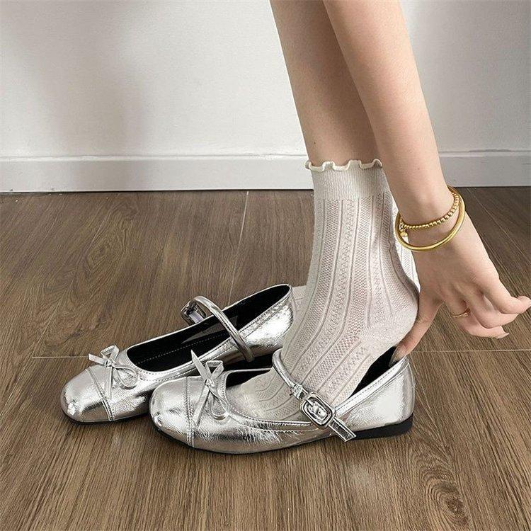 French Round Head Bow Flat Sole Shoes Women's Summer New Small Leather Shoes Shallow Mouth Mary Jane Skirt