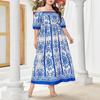 Plus Size Off-Shoulder Blue & White Porcelain Print A-Line Dress for Women