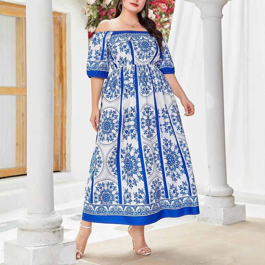 Plus Size Off-Shoulder Blue & White Porcelain Print A-Line Dress for Women