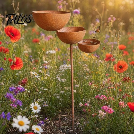 3-stufige Kaskaden-Regensammler-Vogeltränke, Metall-Gartenspieß Vogel-Wasserschale Futterspender, Outdoor-Bestäuber-Bewässerungsstation für Garten, Terrasse, Hof,