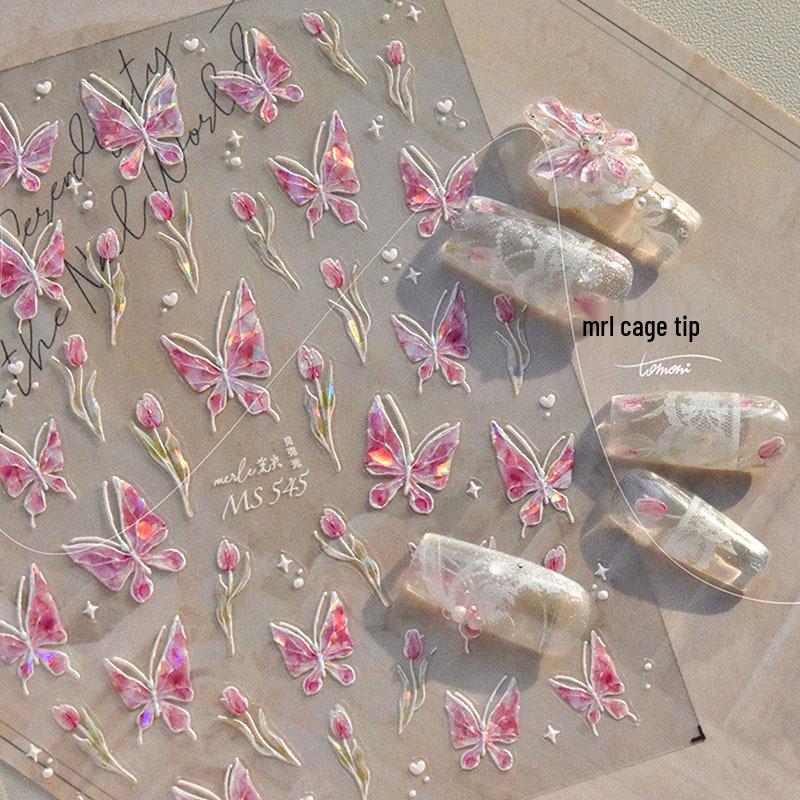 

2025 Горячие розовые наклейки для нейл-арта с бабочками и тюльпанами - Японский сказочный дизайн Авроры