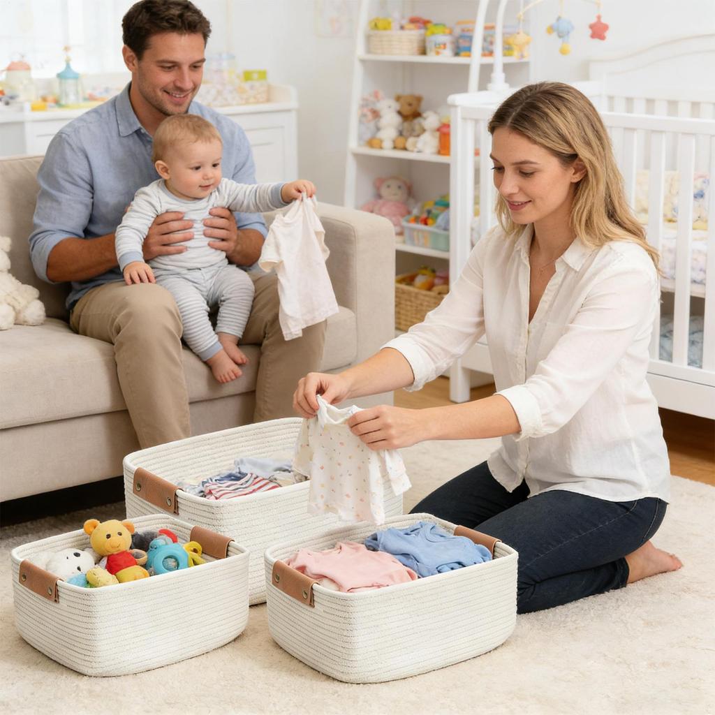 3-piece Storage Basket Cotton Rope Woven Storage Basket Multifunctional Rectangular Storage Basket With Leather Handle