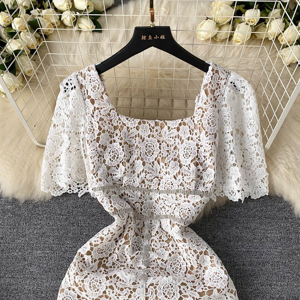 Summer Women Elegant Luxury Beading Lace Crochet Flower Slim Long Maxi Bodycon Pencil Party Dresses