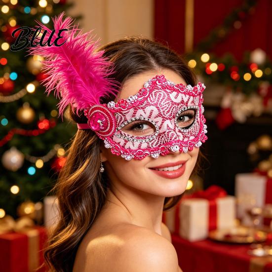 High End Ball Mask Halloween Princess Half Face Mask Venetian Masquerade Party Elegant with Lace Feather Rhinestones Adjustable Ribbon Women