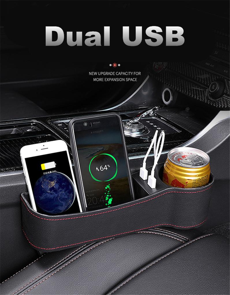 Pair Left + Right PU Leather Car Seat Gap Storage Box Crevice Organizer Pocket Dual USB Cup Holder