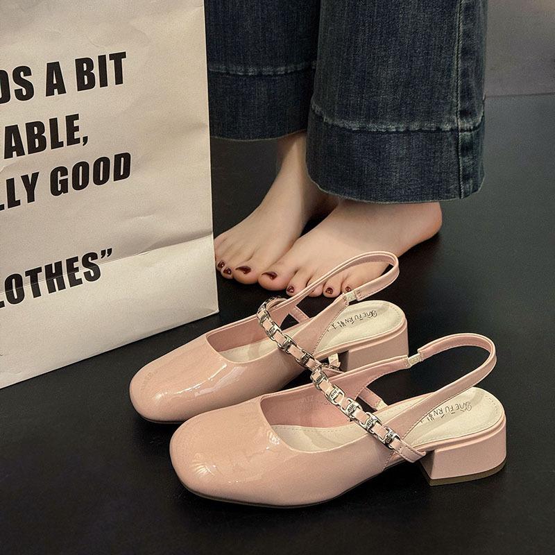 Mary Jane bag head sandals women's summer 2025 new square head thick heel middle heel versatile rear empty diamond belt sandals women