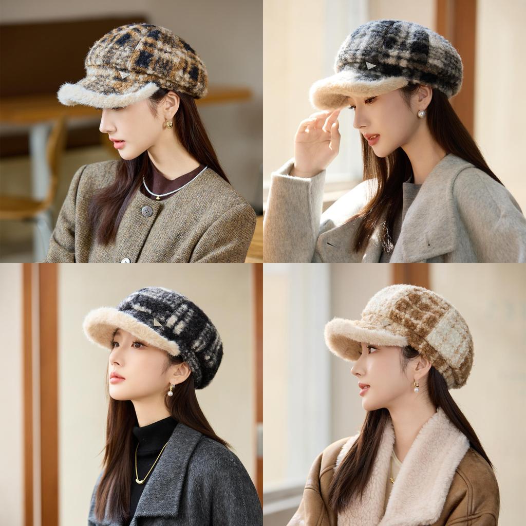 Wool Plaid Beret Hat For Women Winter Fashion Chic Warmth