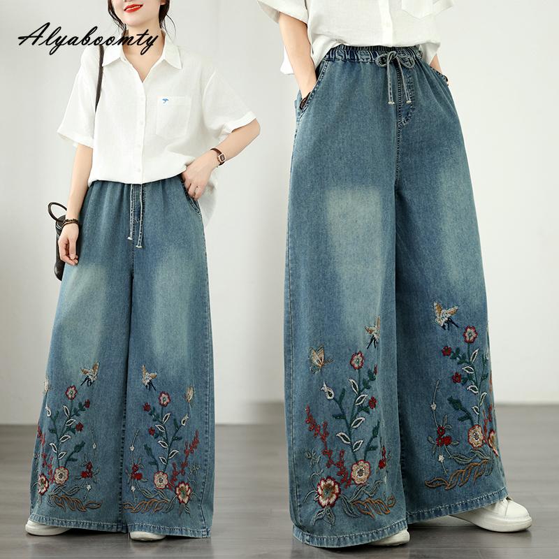 Plus Size Spring Summer Women Wide Leg Jeans Drawstring Elastic Waist Floral Embroidery Casual Loose Denim Pants Vintage Elegant Baggy Ladies' Jeans