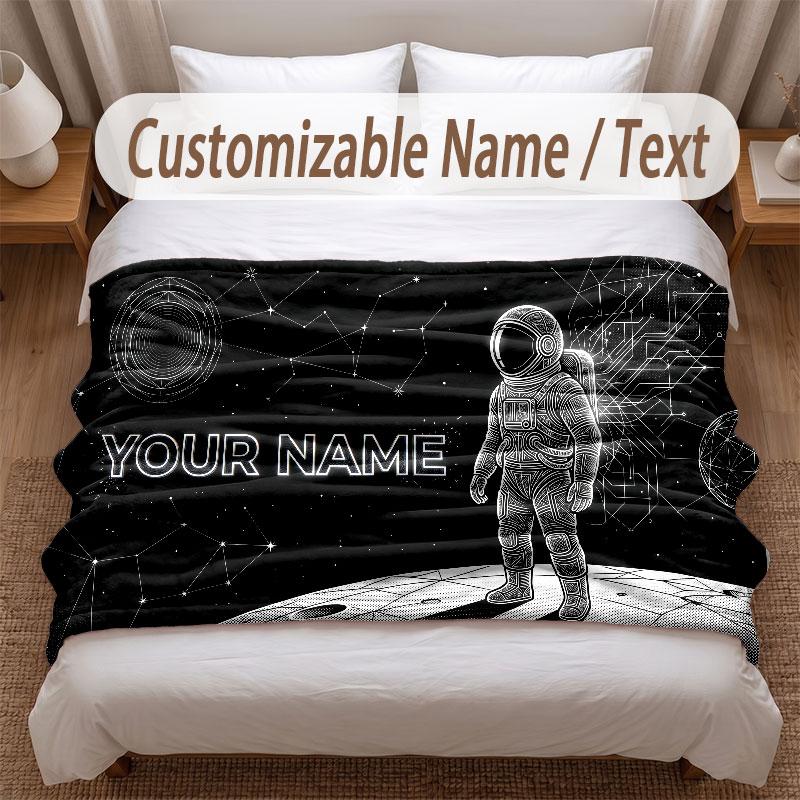 Astronaut Space Theme Soft Blanket Personalized Custom Name Text Print Warm Blanket Home Sofa Bedroom Decor