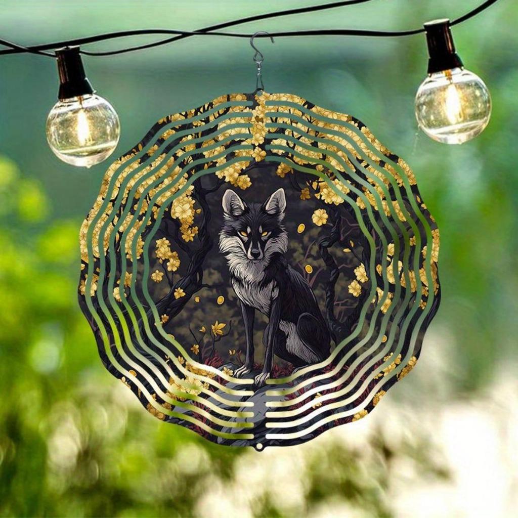 Yellow Sakura Fox Wind Spinner Outdoor Garden Decor 2D Kinetic Art Hanging Rotating Wind Chime with 360 Degree Hook for Patio Yard Holiday