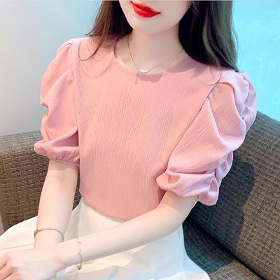 Nuova moda estate manica corta scollo a V rosa chiffon camicetta camicia top da donna J357