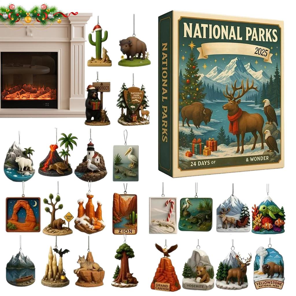 Christmas Ornament Countdown Cute Acrylic Calendars with 2D Flat Figures Toys 24 Day Festive Decor with National Parks Themes