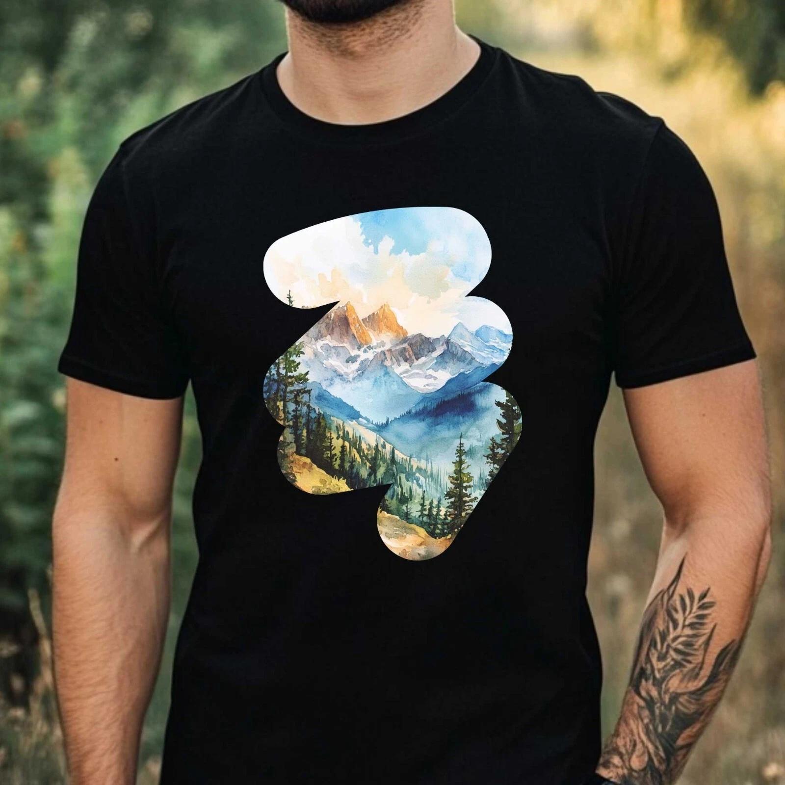 T-Shirt Herren Aquarell Berglandschaft Motiv Baumwolle Größe XS bis 5XL L