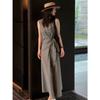 French Lace-up Waist Plaid Vest Dress Women's Summer New Models Are Popular Today, Black and Blue Skirts, Long Dresses
